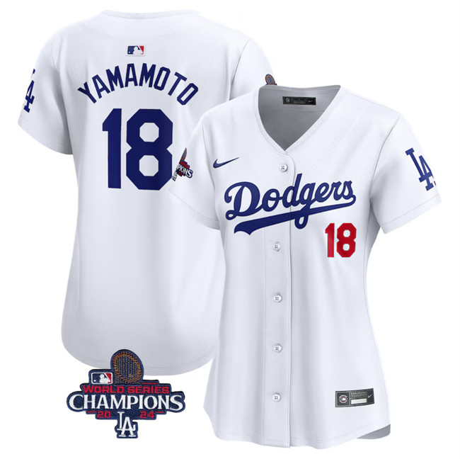 Women's Los Angeles Dodgers #18 Yoshinobu Yamamoto White 2024 World Series Champions Home Limited Stitched Baseball Jersey(Run Small) Women's Los Angeles Dodgers #18 Yoshinobu Yamamoto White 2024 World Series Champions Home Limited Stitched Baseball Jersey(Run Small)