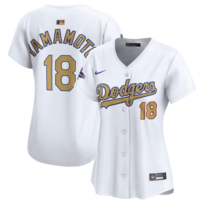 Women's Los Angeles Dodgers #18 Yoshinobu Yamamoto White 2025 Gold Collection Limited Stitched Baseball Jersey(Run Small) Women's Los Angeles Dodgers #18 Yoshinobu Yamamoto White 2025 Gold Collection Limited Stitched Baseball Jersey(Run Small)