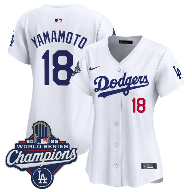Women's Los Angeles Dodgers #18 Yoshinobu Yamamoto White 2025 World Series Champions Home Cool Base Stitched Baseball Jersey(Run Small) Women's Los Angeles Dodgers #18 Yoshinobu Yamamoto White 2025 World Series Champions Home Cool Base Stitched Baseball Jersey(Run Small)