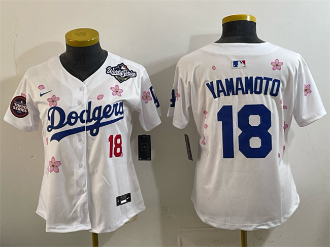 Women's Los Angeles Dodgers #18 Yoshinobu Yamamoto White 2025 World Series Patch Tokyo Series Limited Stitched Baseball Jersey(Run Small) Women's Los Angeles Dodgers #18 Yoshinobu Yamamoto White 2025 World Series Patch Tokyo Series Limited Stitched Baseball Jersey(Run Small)