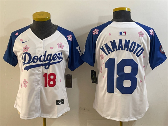 Women's Los Angeles Dodgers #18 Yoshinobu Yamamoto White Royal 2025 Tokyo Series Limited Stitched Baseball Jersey(Run Small)