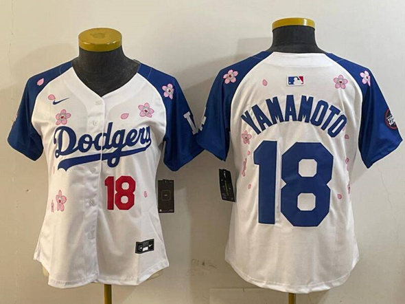 Women's Los Angeles Dodgers #18 Yoshinobu Yamamoto White Royal 2025 Tokyo Series Limited Stitched Baseball Jersey Women's Los Angeles Dodgers #18 Yoshinobu Yamamoto White Royal 2025 Tokyo Series Limited Stitched Baseball Jersey