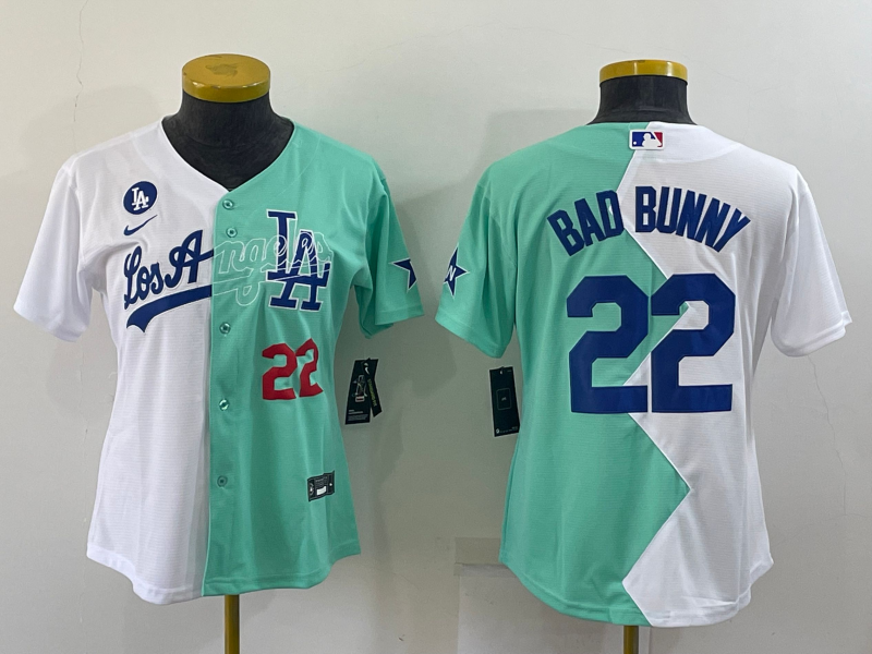 Women's Los Angeles Dodgers #22 Bad Bunny 2022 All-Star White Green Split Stitched Baseball Jerseys ( Run Small)