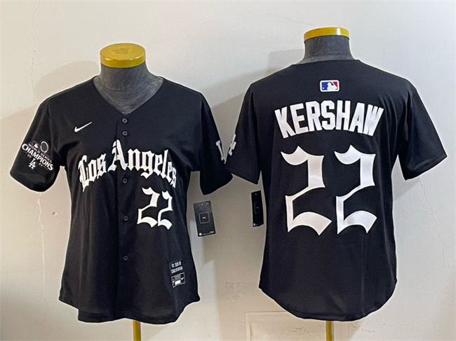 Women's Los Angeles Dodgers #22 Clayton Kershaw Black 2025 World Series Champions LA Gothic Edition Limited Stitched Baseball Jersey(Run Small) Women's Los Angeles Dodgers #22 Clayton Kershaw Black 2025 World Series Champions LA Gothic Edition Limited Stitched Baseball Jersey(Run Small)