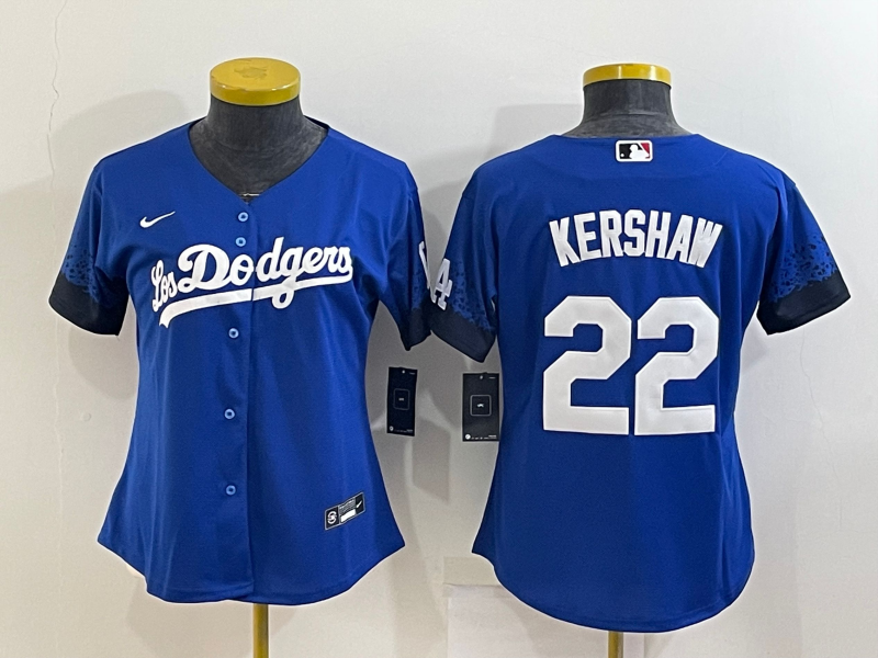 Women's Los Angeles Dodgers #22 Clayton Kershaw Royal City Connect Stitched Baseball Jersey Run Small