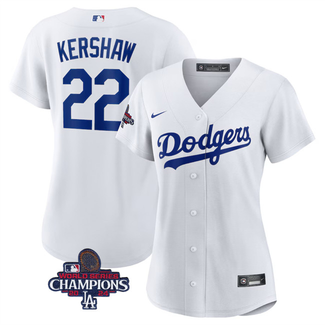 Women's Los Angeles Dodgers #22 Clayton Kershaw White 2024 World Series Champions Cool Base Stitched Baseball Jersey(Run Small) Women's Los Angeles Dodgers #22 Clayton Kershaw White 2024 World Series Champions Cool Base Stitched Baseball Jersey(Run Small)