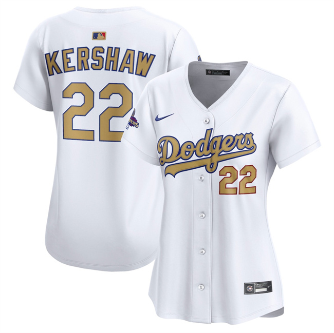 Women's Los Angeles Dodgers #22 Clayton Kershaw White 2025 Gold Collection Limited Stitched Baseball Jersey(Run Small) Women's Los Angeles Dodgers #22 Clayton Kershaw White 2025 Gold Collection Limited Stitched Baseball Jersey(Run Small)