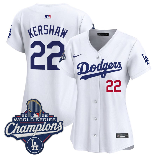 Women's Los Angeles Dodgers #22 Clayton Kershaw White 2025 World Series Champions Home Cool Base Stitched Baseball Jersey(Run Small) Women's Los Angeles Dodgers #22 Clayton Kershaw White 2025 World Series Champions Home Cool Base Stitched Baseball Jersey(Run Small)