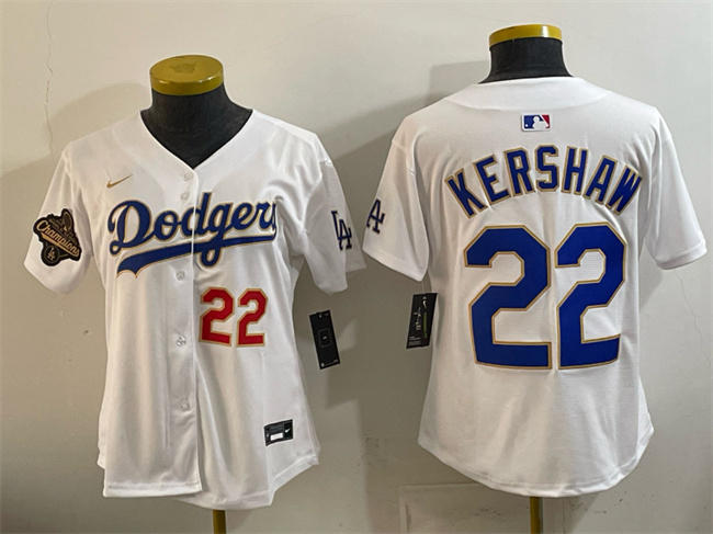 Women's Los Angeles Dodgers #22 Clayton Kershaw White 2025 World Series Champions Patch Limited Stitched Baseball Jersey(Run Small) Women's Los Angeles Dodgers #22 Clayton Kershaw White 2025 World Series Champions Patch Limited Stitched Baseball Jersey(Run Small)