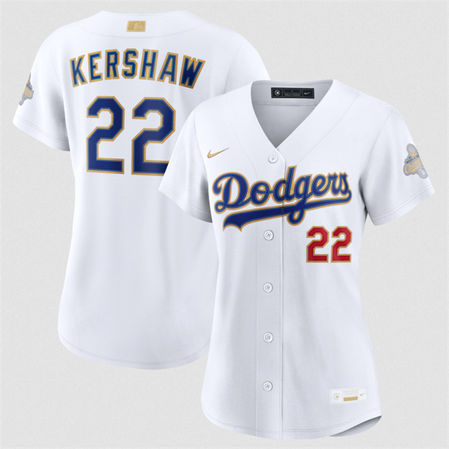 Women's Los Angeles Dodgers #22 Clayton Kershaw White 2026 Gold Collection Stadium Stitched Baseball Jersey(Run Small) Women's Los Angeles Dodgers #22 Clayton Kershaw White 2026 Gold Collection Stadium Stitched Baseball Jersey(Run Small)