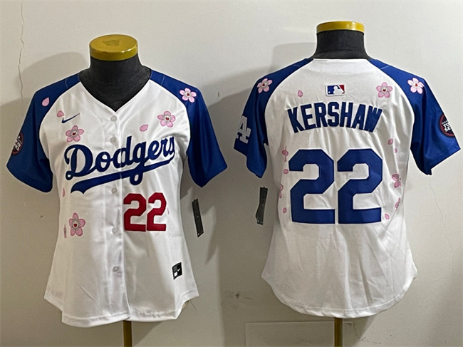 Women's Los Angeles Dodgers #22 Clayton Kershaw White Royal 2025 Tokyo Series Limited Stitched Baseball Jersey(Run Small)
