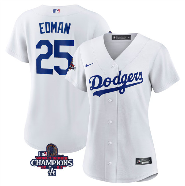 Women's Los Angeles Dodgers #25 Tommy Edman White 2024 World Series Champions Cool Base Stitched Baseball Jersey(Run Small) Women's Los Angeles Dodgers #25 Tommy Edman White 2024 World Series Champions Cool Base Stitched Baseball Jersey(Run Small)