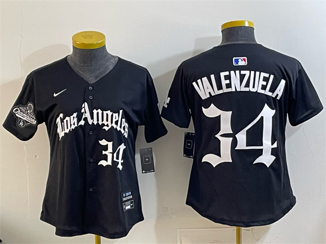 Women's Los Angeles Dodgers #34 Fernando Valenzuela Black 2025 World Series Champions LA Gothic Edition Limited Stitched Baseball Jersey(Run Small) Women's Los Angeles Dodgers #34 Fernando Valenzuela Black 2025 World Series Champions LA Gothic Edition Limited Stitched Baseball Jersey(Run Small)