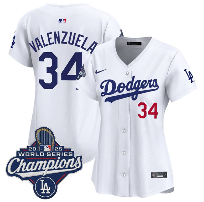 Women's Los Angeles Dodgers #34 Fernando Valenzuela White 2025 World Series Champions Home Cool Base Stitched Baseball Jersey(Run Small) Women's Los Angeles Dodgers #34 Fernando Valenzuela White 2025 World Series Champions Home Cool Base Stitched Baseball Jersey(Run Small)