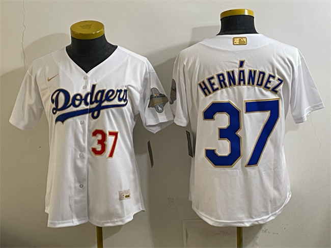 Women's Los Angeles Dodgers #37 Teoscar Hernández White 2026 Gold Collection Stadium Stitched Baseball Jersey(Run Small) Women's Los Angeles Dodgers #37 Teoscar Hernández White 2026 Gold Collection Stadium Stitched Baseball Jersey(Run Small)