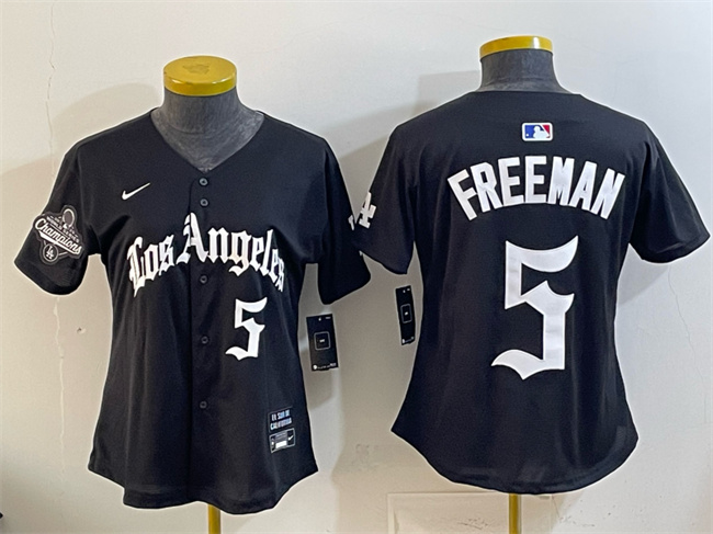 Women's Los Angeles Dodgers #5 Freddie Freeman Black 2025 World Series Champions LA Gothic Edition Limited Stitched Baseball Jersey(Run Small) Women's Los Angeles Dodgers #5 Freddie Freeman Black 2025 World Series Champions LA Gothic Edition Limited Stitched Baseball Jersey(Run Small)