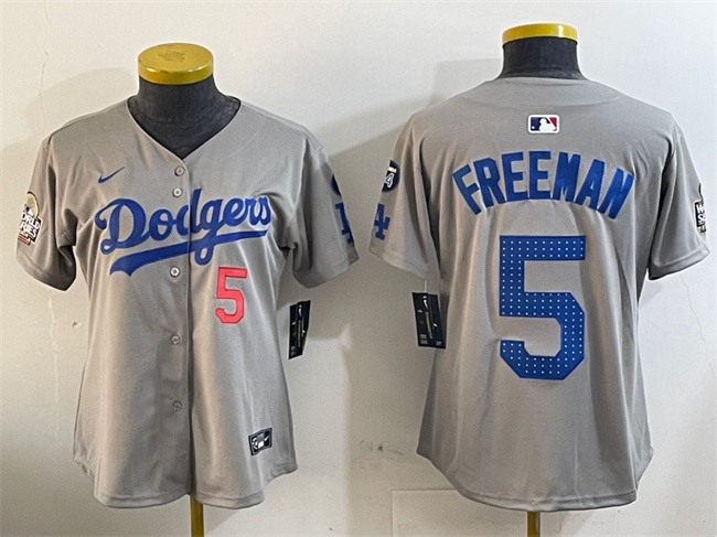 Women's Los Angeles Dodgers #5 Freddie Freeman Grey 2024 World Series With Fernando Memorial Patch Limited Stitched Baseball Jersey(Run Small) Women's Los Angeles Dodgers #5 Freddie Freeman Grey 2024 World Series With Fernando Memorial Patch Limited Stitched Baseball Jersey(Run Small)
