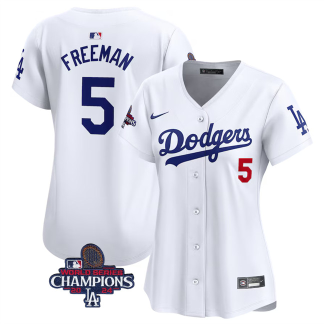 Women's Los Angeles Dodgers #5 Freddie Freeman White 2024 World Series Champions Home Limited Stitched Baseball Jersey(Run Small) Women's Los Angeles Dodgers #5 Freddie Freeman White 2024 World Series Champions Home Limited Stitched Baseball Jersey(Run Small)