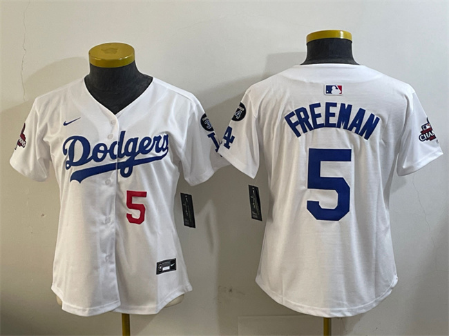 Women's Los Angeles Dodgers #5 Freddie Freeman White 2024 World Series Champions With Fernando Memorial Patch Home Limited Stitched Baseball Jersey(Run Small) Women's Los Angeles Dodgers #5 Freddie Freeman White 2024 World Series Champions With Fernando Memorial Patch Home Limited Stitched Baseball Jersey(Run Small)