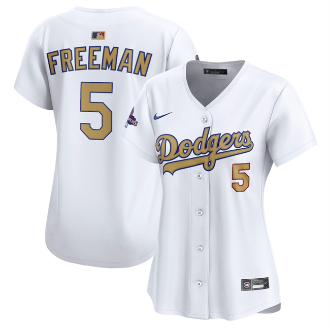 Women's Los Angeles Dodgers #5 Freddie Freeman White 2025 Gold Collection Limited Stitched Baseball Jersey(Run Small) Women's Los Angeles Dodgers #5 Freddie Freeman White 2025 Gold Collection Limited Stitched Baseball Jersey(Run Small)