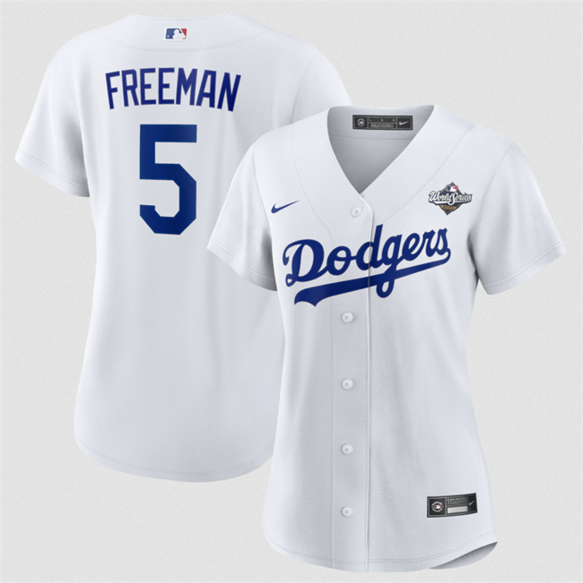 Women's Los Angeles Dodgers #5 Freddie Freeman White 2025 World Series Home Cool Base Stitched Baseball Jersey(Run Small) Women's Los Angeles Dodgers #5 Freddie Freeman White 2025 World Series Home Cool Base Stitched Baseball Jersey(Run Small)