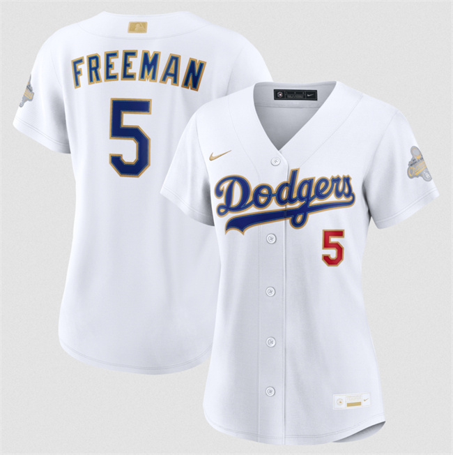 Women's Los Angeles Dodgers #5 Freddie Freeman White 2026 Gold Collection Stadium Stitched Baseball Jersey(Run Small) Women's Los Angeles Dodgers #5 Freddie Freeman White 2026 Gold Collection Stadium Stitched Baseball Jersey(Run Small)