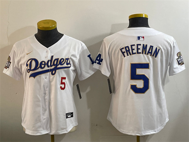 Women's Los Angeles Dodgers #5 Freddie Freeman White Gold 2024 World Series Home Limited Stitched Baseball Jersey(Run Small) Women's Los Angeles Dodgers #5 Freddie Freeman White Gold 2024 World Series Home Limited Stitched Baseball Jersey(Run Small)