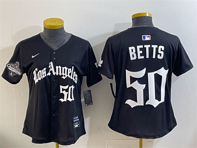 Women's Los Angeles Dodgers #50 Mookie Betts Black 2025 World Series Champions LA Gothic Edition Limited Stitched Baseball Jersey(Run Small) Women's Los Angeles Dodgers #50 Mookie Betts Black 2025 World Series Champions LA Gothic Edition Limited Stitched Baseball Jersey(Run Small)