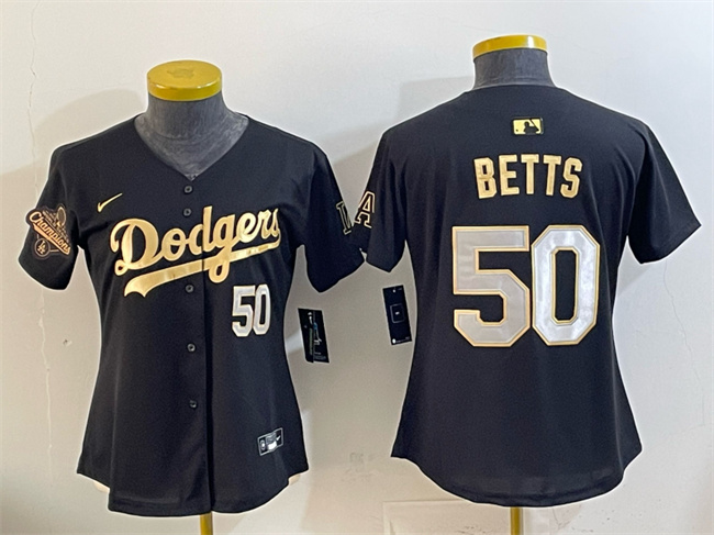 Women's Los Angeles Dodgers #50 Mookie Betts Black Gold 2025 World Series Champions Patch Limited Stitched Baseball Jersey(Run Small) Women's Los Angeles Dodgers #50 Mookie Betts Black Gold 2025 World Series Champions Patch Limited Stitched Baseball Jersey(Run Small)
