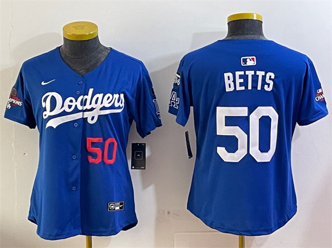 Women's Los Angeles Dodgers #50 Mookie Betts Royal 2024 World Series Champions With Fernando Memorial Patch Alternate Limited Stitched Baseball Jersey(Run Small) Women's Los Angeles Dodgers #50 Mookie Betts Royal 2024 World Series Champions With Fernando Memorial Patch Alternate Limited Stitched Baseball Jersey(Run Small)