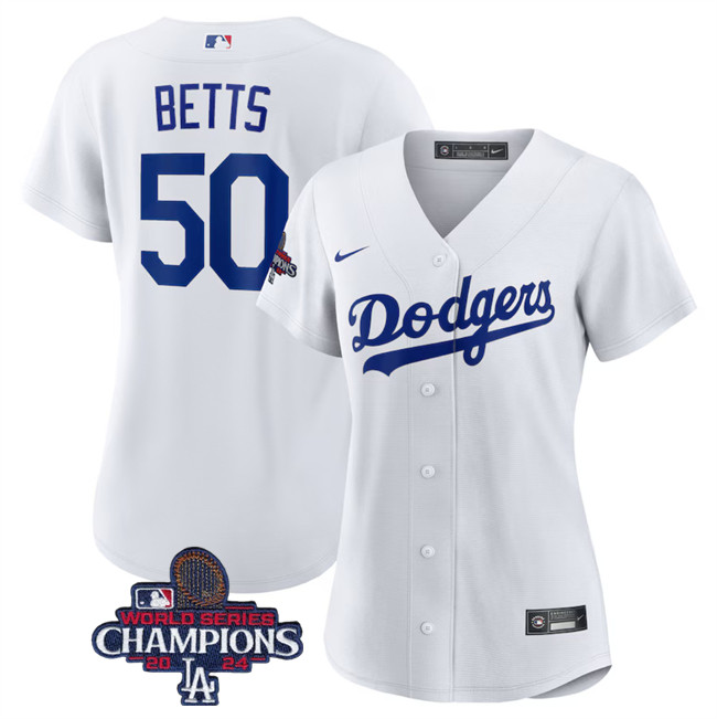 Women's Los Angeles Dodgers #50 Mookie Betts White 2024 World Series Champions Cool Base Stitched Baseball Jersey(Run Small) Women's Los Angeles Dodgers #50 Mookie Betts White 2024 World Series Champions Cool Base Stitched Baseball Jersey(Run Small)
