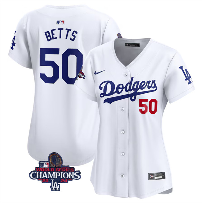 Women's Los Angeles Dodgers #50 Mookie Betts White 2024 World Series Champions Home Limited Stitched Baseball Jersey(Run Small) Women's Los Angeles Dodgers #50 Mookie Betts White 2024 World Series Champions Home Limited Stitched Baseball Jersey(Run Small)