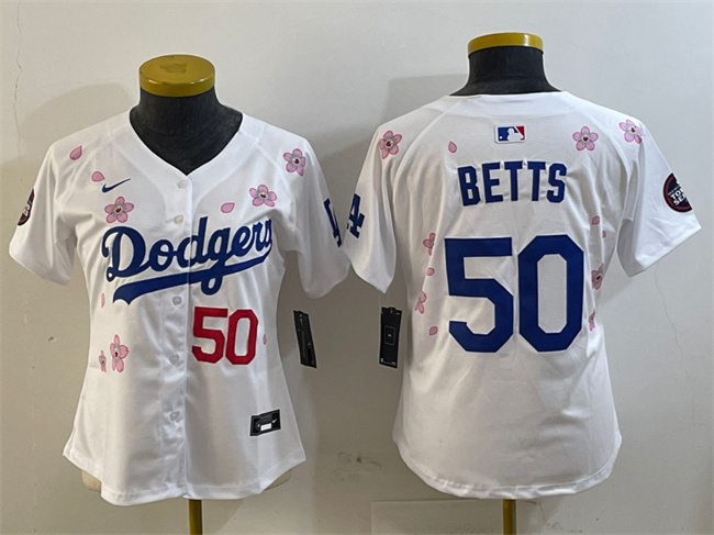 Women's Los Angeles Dodgers #50 Mookie Betts White 2025 Tokyo Series Limited Stitched Baseball Jersey(Run Small)