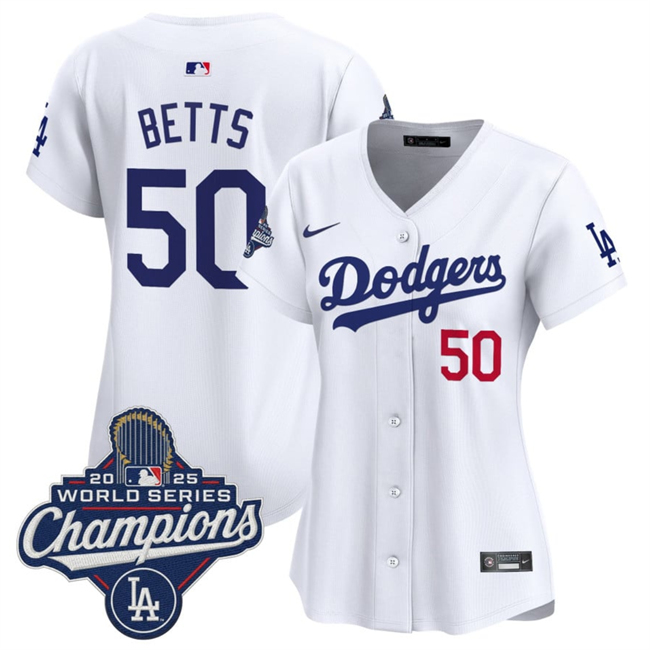 Women's Los Angeles Dodgers #50 Mookie Betts White 2025 World Series Champions Home Cool Base Stitched Baseball Jersey(Run Small) Women's Los Angeles Dodgers #50 Mookie Betts White 2025 World Series Champions Home Cool Base Stitched Baseball Jersey(Run Small)
