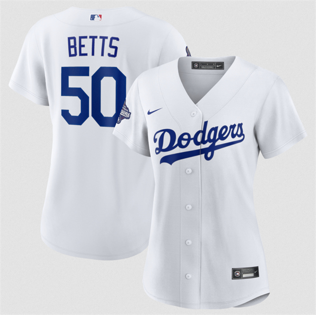 Women's Los Angeles Dodgers #50 Mookie Betts White 2025 World Series Champions Home Cool Base Stitched Baseball Jersey(Run Small) s Women's Los Angeles Dodgers #50 Mookie Betts White 2025 World Series Champions Home Cool Base Stitched Baseball Jersey(Run Small) s