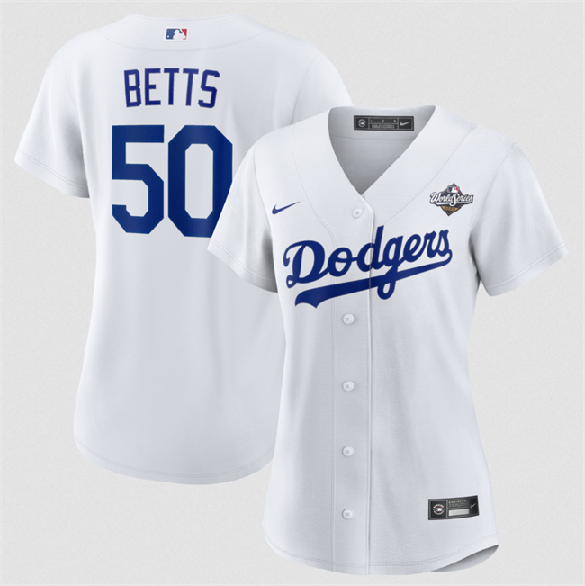 Women's Los Angeles Dodgers #50 Mookie Betts White 2025 World Series Home Cool Base Stitched Baseball Jersey(Run Small) Women's Los Angeles Dodgers #50 Mookie Betts White 2025 World Series Home Cool Base Stitched Baseball Jersey(Run Small)