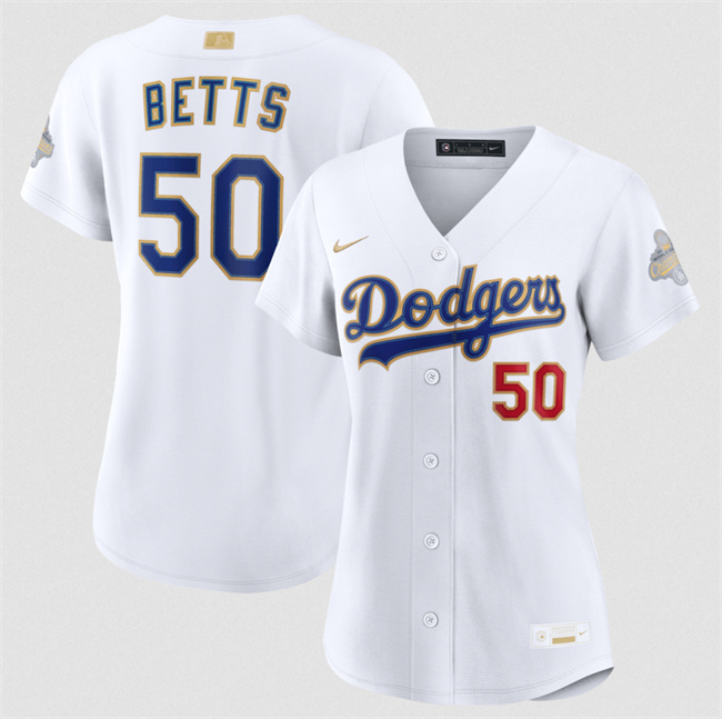 Women's Los Angeles Dodgers #50 Mookie Betts White 2026 Gold Collection Stadium Stitched Baseball Jersey(Run Small) Women's Los Angeles Dodgers #50 Mookie Betts White 2026 Gold Collection Stadium Stitched Baseball Jersey(Run Small)