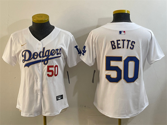 Women's Los Angeles Dodgers #50 Mookie Betts White Gold Home Limited Stitched Baseball Jersey(Run Small) Women's Los Angeles Dodgers #50 Mookie Betts White Gold Home Limited Stitched Baseball Jersey(Run Small)