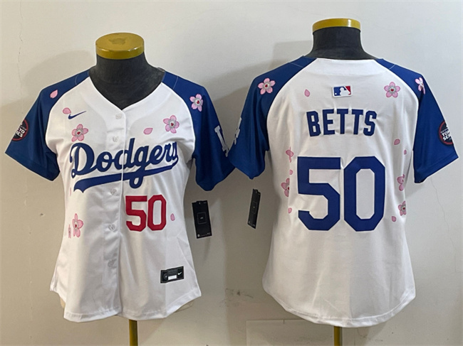 Women's Los Angeles Dodgers #50 Mookie Betts White Royal 2025 Tokyo Series Limited Stitched Baseball Jersey(Run Small) Women's Los Angeles Dodgers #50 Mookie Betts White Royal 2025 Tokyo Series Limited Stitched Baseball Jersey(Run Small)