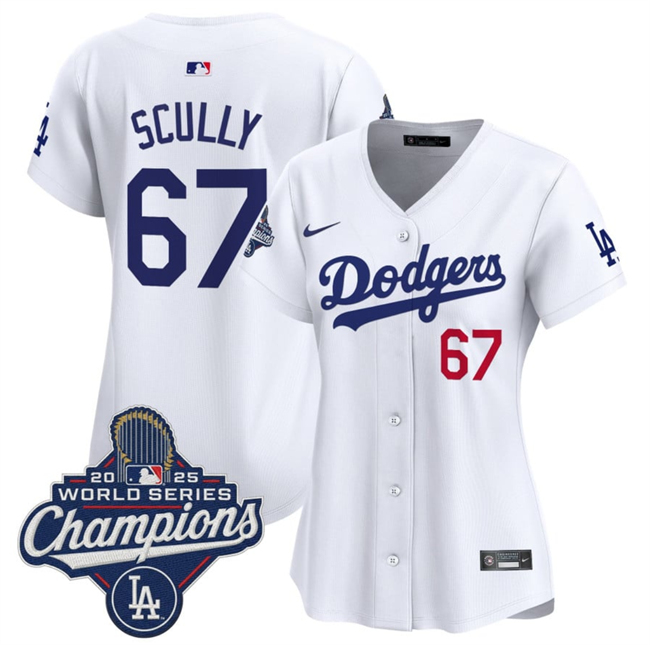 Women's Los Angeles Dodgers #67 Vin Scully White 2025 World Series Champions Home Cool Base Stitched Baseball Jersey(Run Small) Women's Los Angeles Dodgers #67 Vin Scully White 2025 World Series Champions Home Cool Base Stitched Baseball Jersey(Run Small)