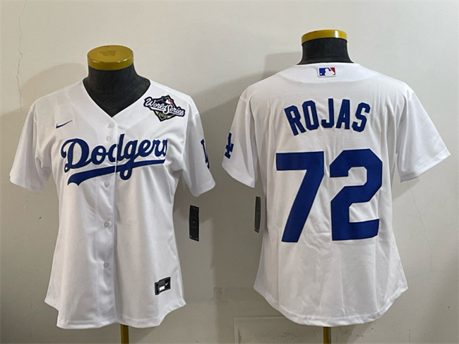 Women's Los Angeles Dodgers #72 Miguel Rojas White 2025 World Series Home Cool Base Stitched Baseball Jersey(Run Small) Women's Los Angeles Dodgers #72 Miguel Rojas White 2025 World Series Home Cool Base Stitched Baseball Jersey(Run Small)