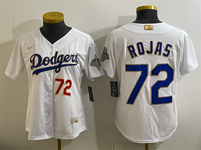 Women's Los Angeles Dodgers #72 Miguel Rojas White 2026 Gold Collection Stadium Stitched Baseball Jersey(Run Small) Women's Los Angeles Dodgers #72 Miguel Rojas White 2026 Gold Collection Stadium Stitched Baseball Jersey(Run Small)