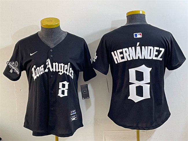 Women's Los Angeles Dodgers #8 Enrique Hernández Black 2025 World Series Champions LA Gothic Edition Limited Stitched Baseball Jersey(Run Small) Women's Los Angeles Dodgers #8 Enrique Hernández Black 2025 World Series Champions LA Gothic Edition Limited Stitched Baseball Jersey(Run Small)