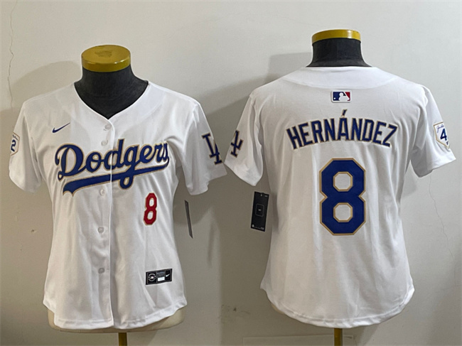 Women's Los Angeles Dodgers #8 Enrique Hernández White 2024 Jackie Robinson Patch Limited Stitched Baseball Jersey(Run Small) Women's Los Angeles Dodgers #8 Enrique Hernández White 2024 Jackie Robinson Patch Limited Stitched Baseball Jersey(Run Small)