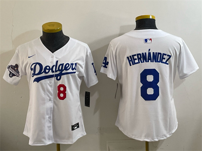 Women's Los Angeles Dodgers #8 Enrique Hernández White 2025 World Series Champions Home Limited Stitched Baseball Jersey(Run Small) Women's Los Angeles Dodgers #8 Enrique Hernández White 2025 World Series Champions Home Limited Stitched Baseball Jersey(Run Small)