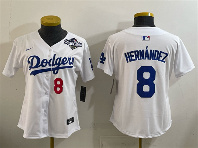 Women's Los Angeles Dodgers #8 Enrique Hernández White 2025 World Series Home Limited Stitched Baseball Jersey(Run Small) Women's Los Angeles Dodgers #8 Enrique Hernández White 2025 World Series Home Limited Stitched Baseball Jersey(Run Small)