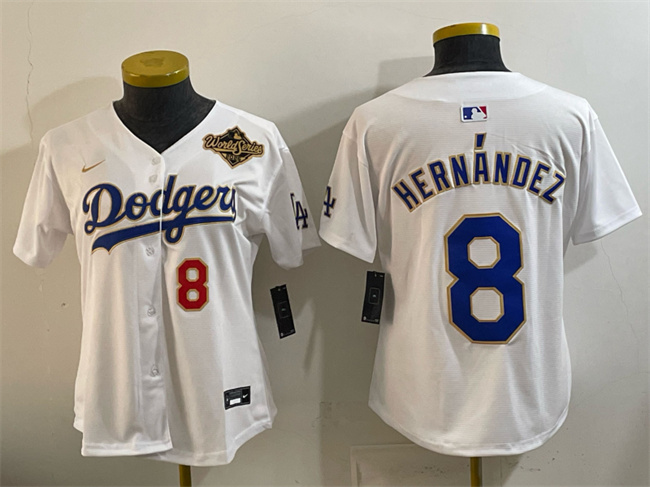 Women's Los Angeles Dodgers #8 Enrique Hernández White 2025 World Series Patch Limited Stitched Baseball Jersey(Run Small) Women's Los Angeles Dodgers #8 Enrique Hernández White 2025 World Series Patch Limited Stitched Baseball Jersey(Run Small)