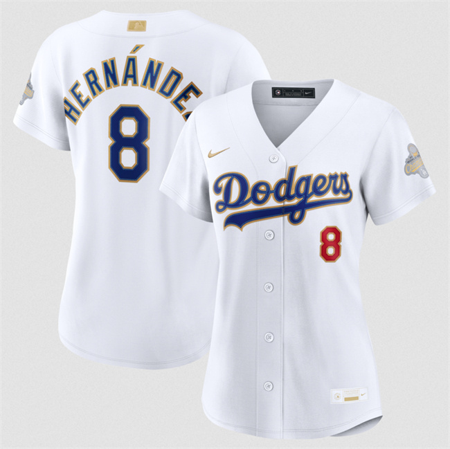 Women's Los Angeles Dodgers #8 Enrique Hernández White 2026 Gold Collection Stadium Stitched Baseball Jersey(Run Small) Women's Los Angeles Dodgers #8 Enrique Hernández White 2026 Gold Collection Stadium Stitched Baseball Jersey(Run Small)