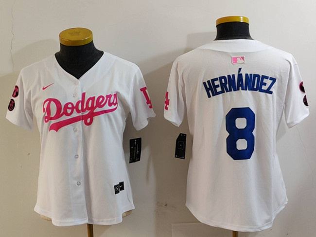 Women's Los Angeles Dodgers #8 Enrique Hernández White Pink Vin & Kobe Patch Stitched Baseball Jersey(Run Small) Women's Los Angeles Dodgers #8 Enrique Hernández White Pink Vin & Kobe Patch Stitched Baseball Jersey(Run Small)