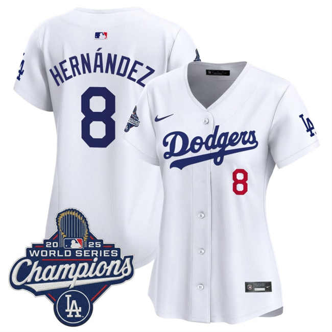 Women's Los Angeles Dodgers #8 Enrique Hernandez White 2025 World Series Champions Home Cool Base Stitched Baseball Jersey(Run Small) Women's Los Angeles Dodgers #8 Enrique Hernandez White 2025 World Series Champions Home Cool Base Stitched Baseball Jersey(Run Small)